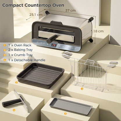 3-in-1 Electric Mini Oven, Long Slot Toaster and Tabletop Grill, with LED Display, 60 Min Timer, Stainless Steel, 1700W
