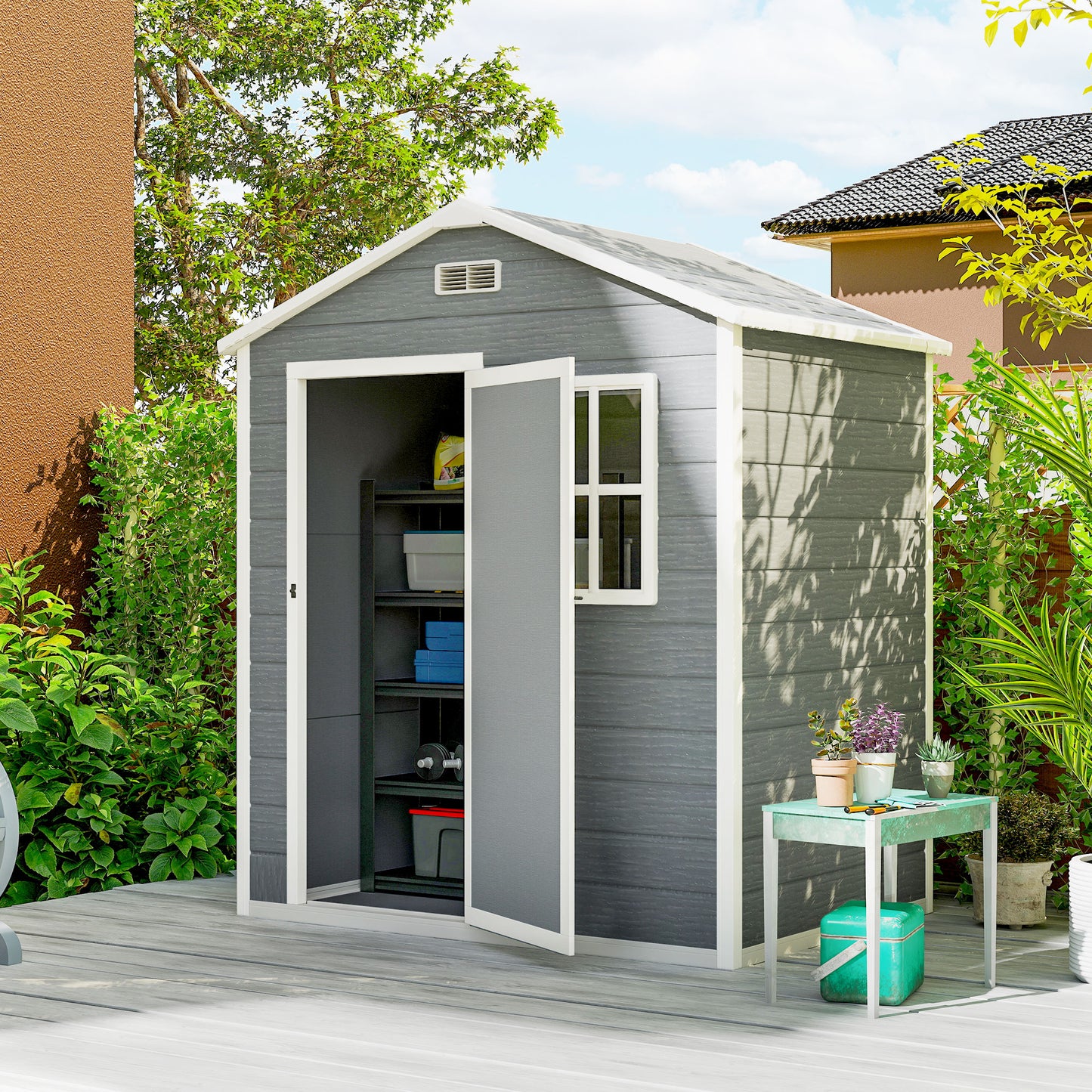 6 x 4ft Plastic Shed with Floor, Wood Effect Resin Garden Shed with Window, Lockable Door, Lock and Keys, Vents