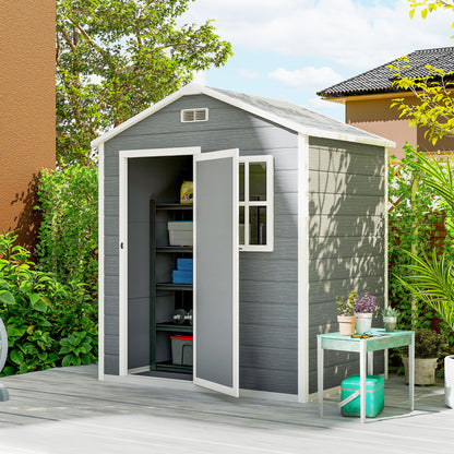 6 x 4ft Plastic Shed with Floor, Wood Effect Resin Garden Shed with Window, Lockable Door, Lock and Keys, Vents
