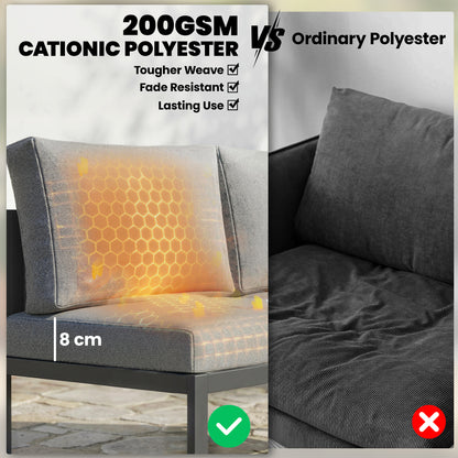 6 Seater Metal Garden Furniture Corner Sofa Set with 3 Loveseats, Faux Wood Table, Texteline Seat, Cushions, Dark Grey