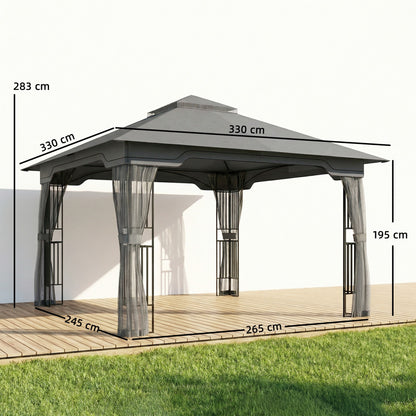 3.3 x 3.3 m Outdoor Garden Gazebo with Post Shelves, UPF50+ Patio Permanent Pavilion with Hook, Dark Grey