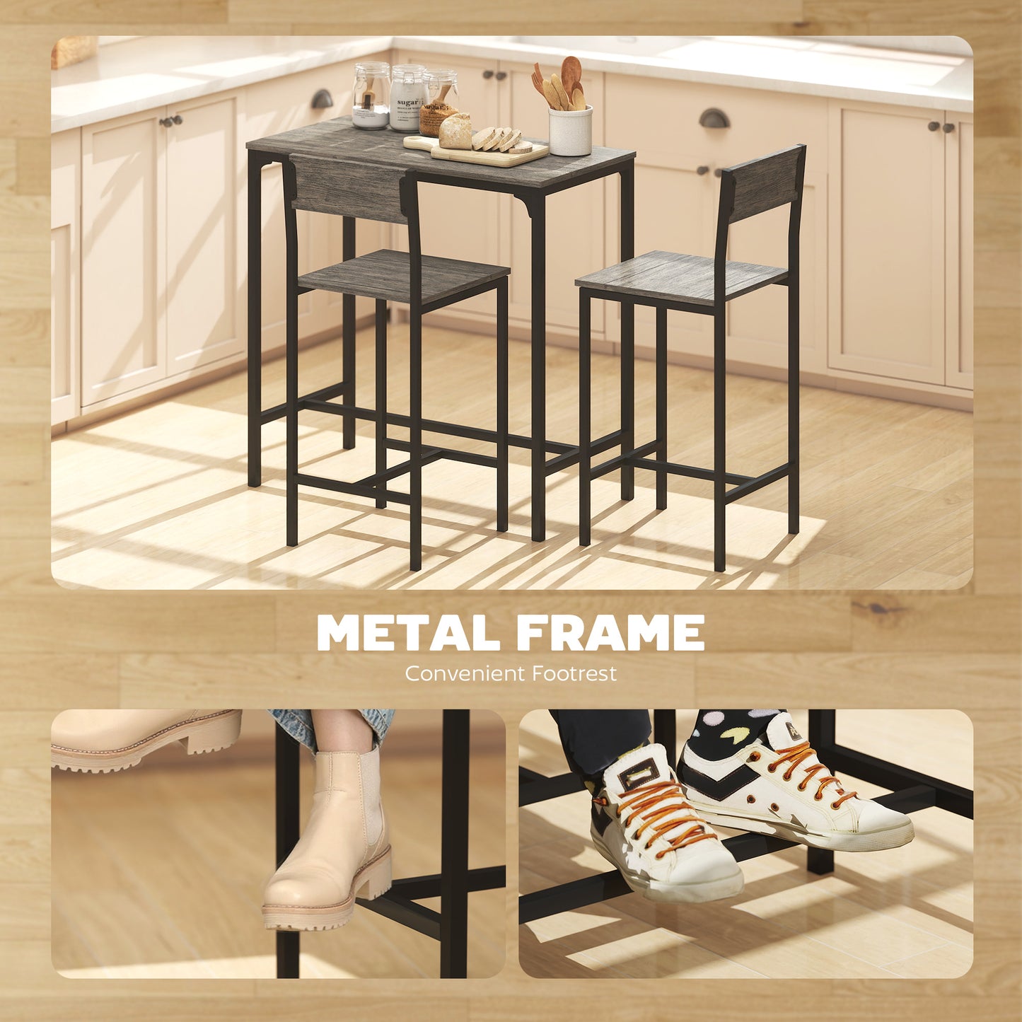 3-Piece Bar Table Set with 2 Stools, Industrial Breakfast Bar Set with Footrest, Backrest for Dining Room, Small Space