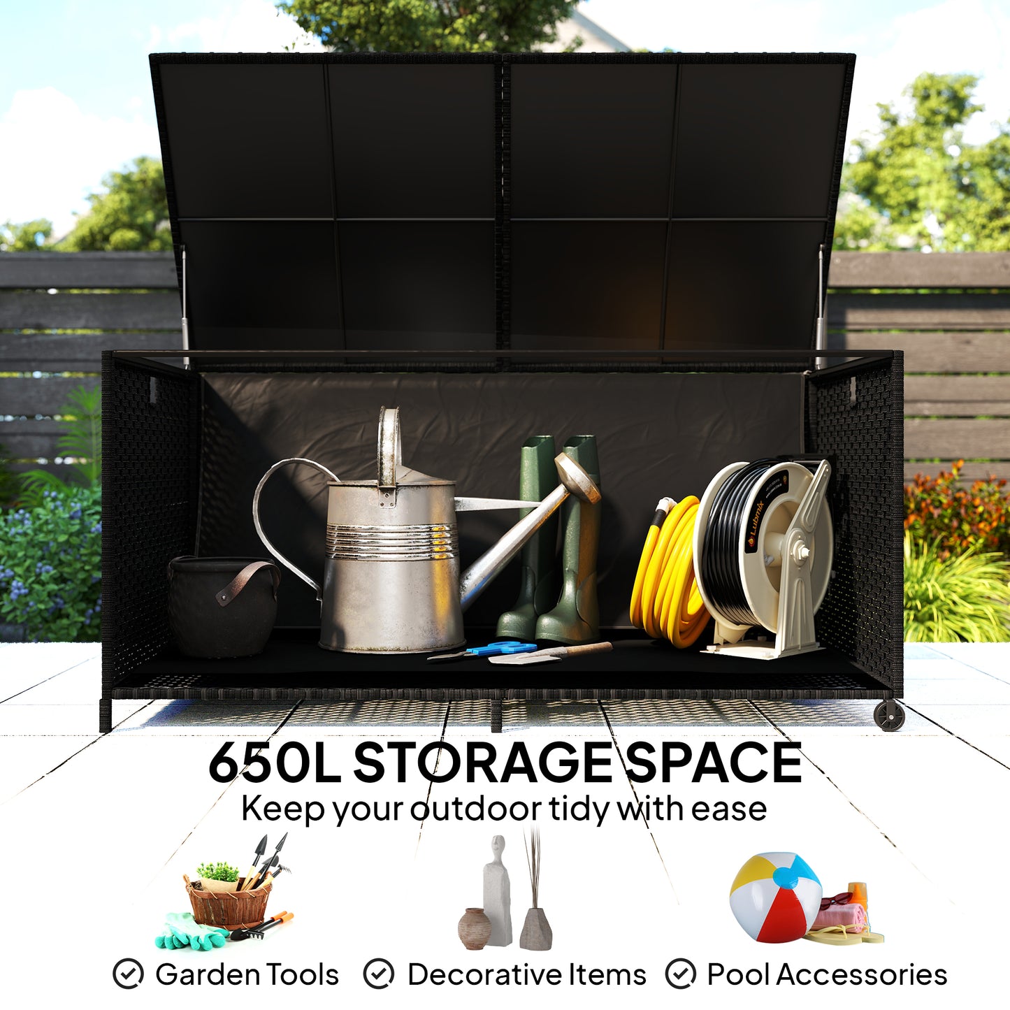 650L Garden Storage Box with 2 Wheels, Rattan Deck Box with Waterproof Zipped Liner, Safe Pneumatic Rods, Black