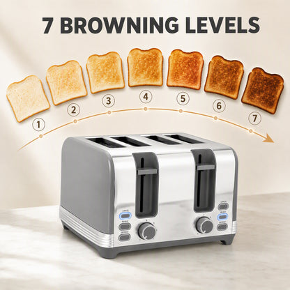 Stainless Steel Kettle and Toaster Set, 1.7L 3000W Cordless Fast Boil Kettle, 4 Slice Toaster Kitchen Set, Grey