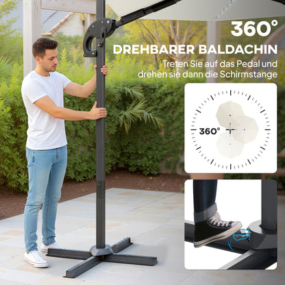 3(m) Cantilever Garden Parasol with Solar Powered Lights, Crank Handle & Cross Base, UPF 50+, 360° Rotation, Cream