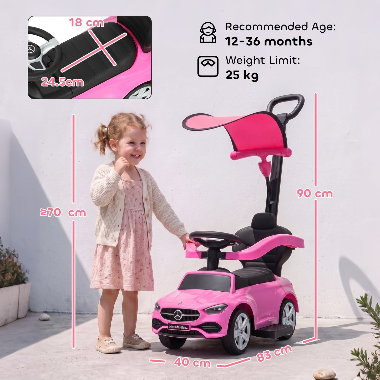 3 in 1 Licensed Benz Ride on Push Car with Handle, Canopy, Guardrails, Horn, Music, Storage for 12-36 Months, Pink