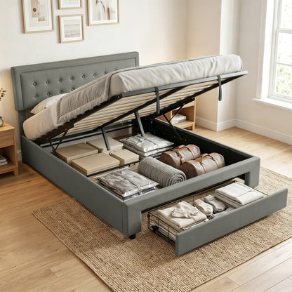 PU Leather King Size Ottoman Bed Frame, with Front Drawer - Grey