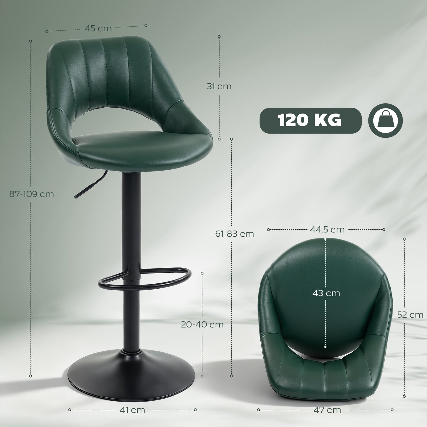 Set of Two Faux Leather Bar Stools - Dark Green