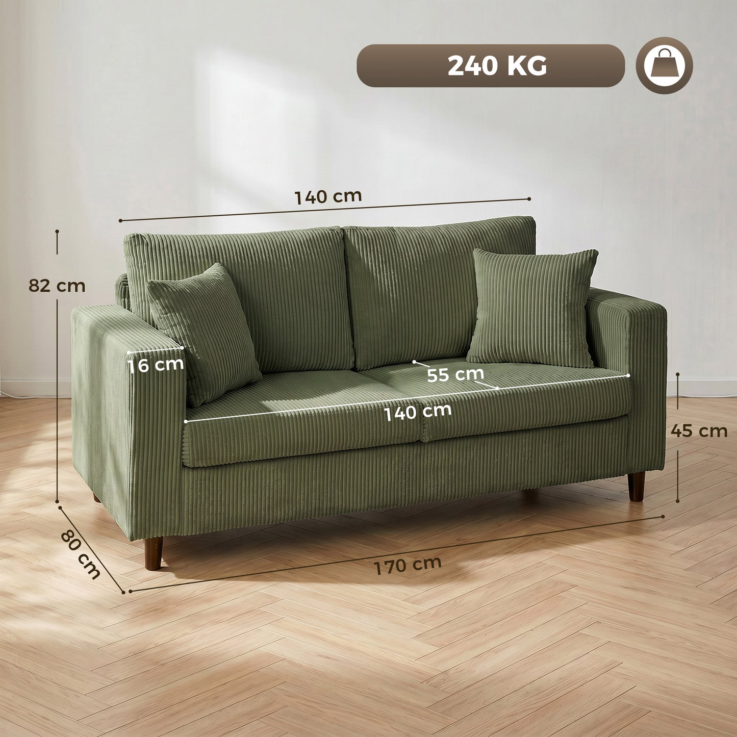 Loveseat Sofa with Wide Seat, Corduroy 2 Seater Couch with Deep Seat, Spring Cushion, Green