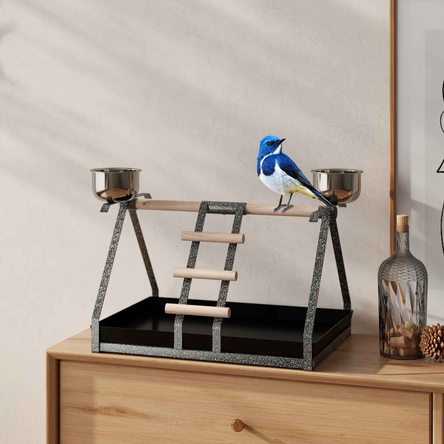 Parrot Stand Bird Stand w/Wood Perch Ladder Feeder Removable Tray
