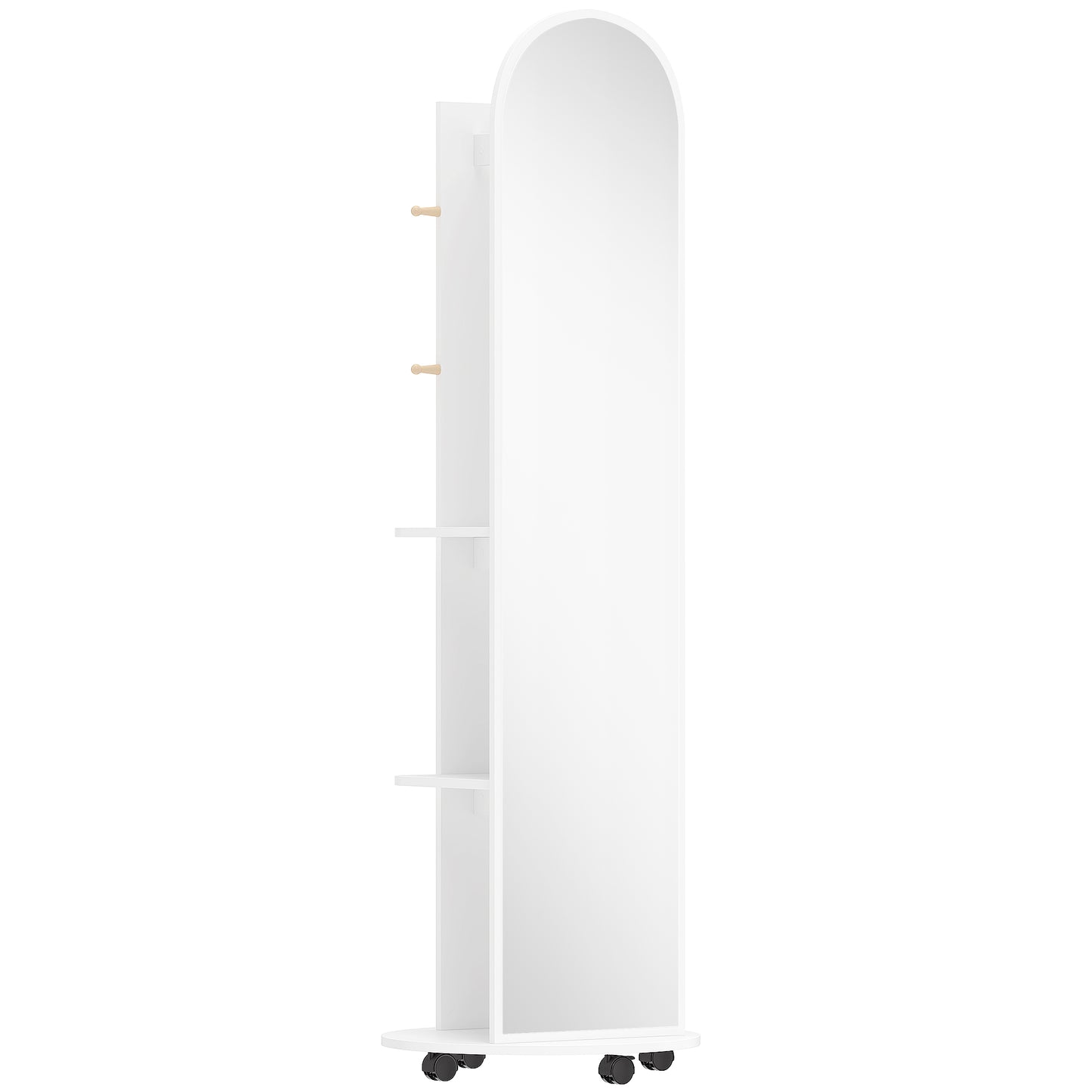 2-in-1 Full Length Mirror with Storage Shelves, Floor Mirror with 4 Wheels, Coat Rack, Hooks, White