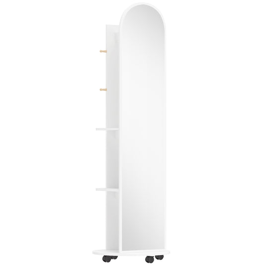 2-in-1 Full Length Mirror with Storage Shelves, Floor Mirror with 4 Wheels, Coat Rack, Hooks, White