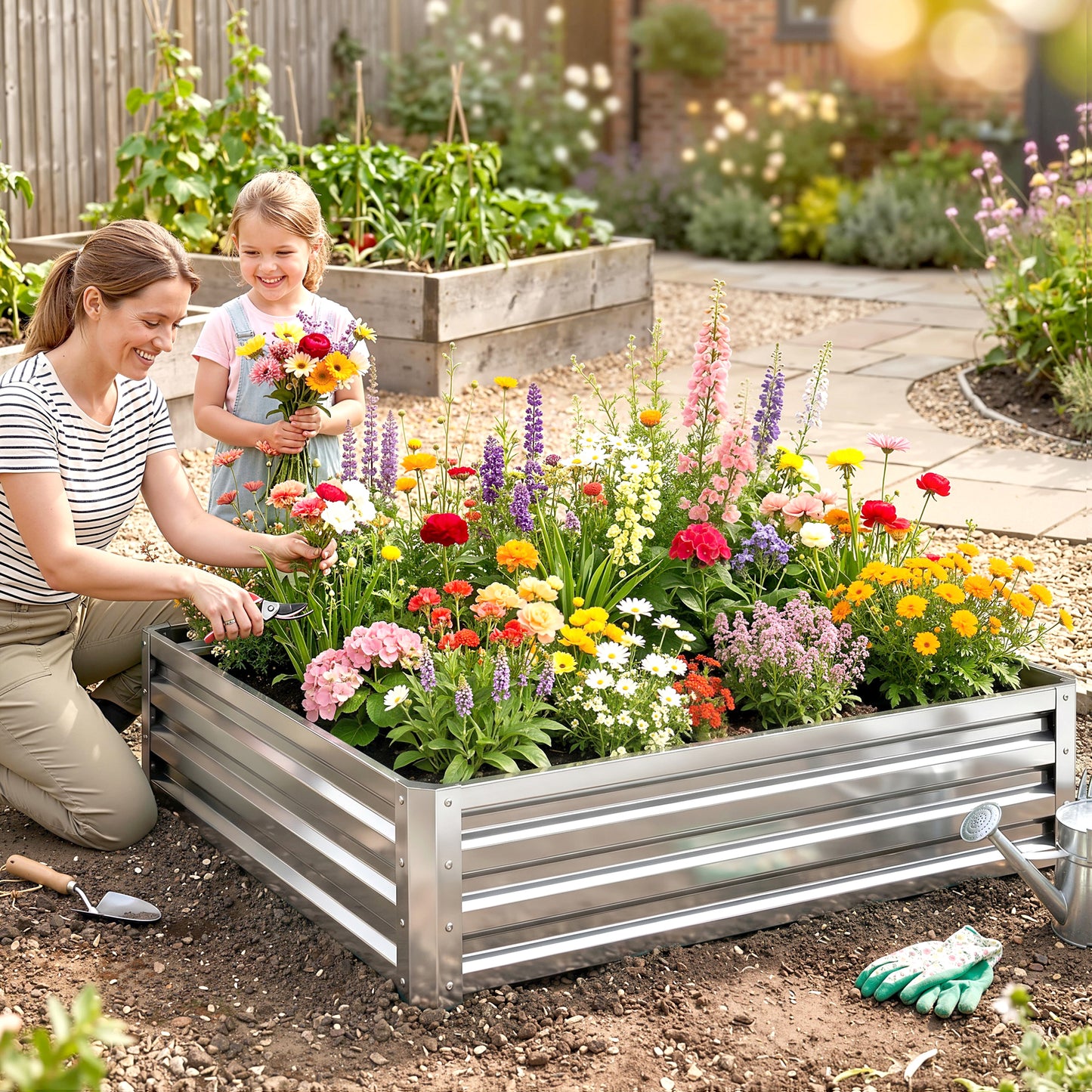 Square Raised Garden Bed Box with Weatherized Steel Frame for Vegetables, Flowers, & Herbs, 120 x 120 x 30cm, Silver Tone