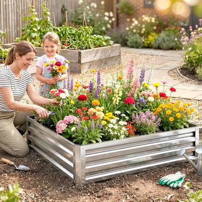 Square Raised Garden Bed Box with Weatherized Steel Frame for Vegetables, Flowers, & Herbs, 120 x 120 x 30cm, Silver Tone
