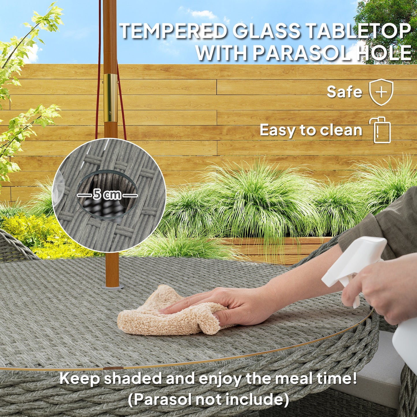 4 Seater Rattan Garden Furniture Set with Cushions, Round PE Rattan Dining Set with Glass-Top Table, Umbrella Hole
