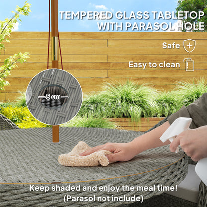 4 Seater Rattan Garden Furniture Set with Cushions, Round PE Rattan Dining Set with Glass-Top Table, Umbrella Hole