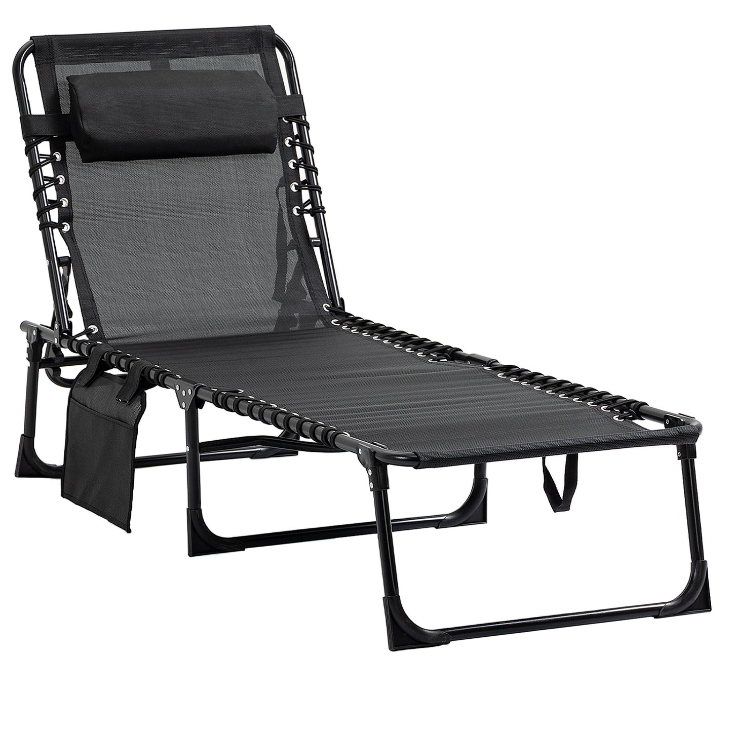 Portable Sun Lounger, Folding Camping Bed Cot, Reclining Lounge Chair 5-position Adjustable Backrest with Side Pocket