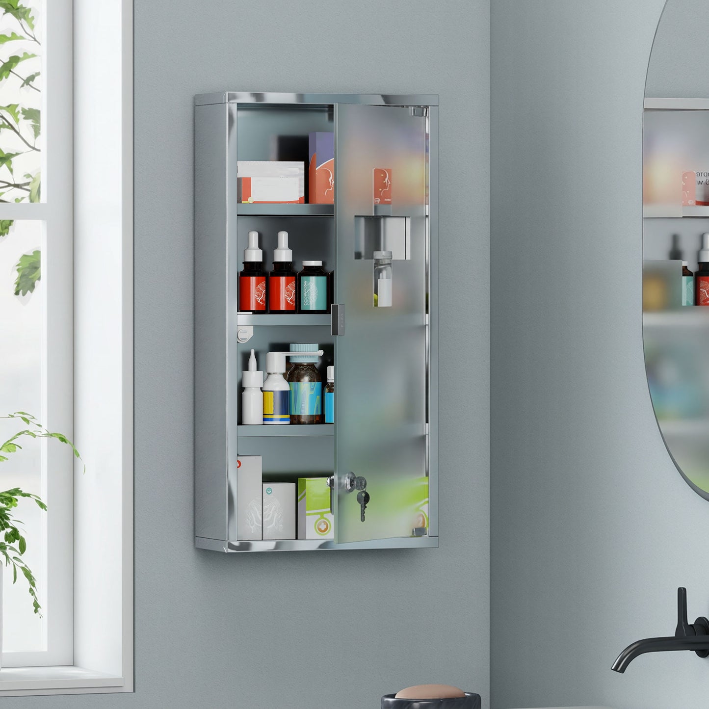 4 Tier Stainless Steel Wall Mounted Medicine Cabinet Glass Lockable Door Storage Shelves Houseware Bathroom Furniture 60Hx30W
