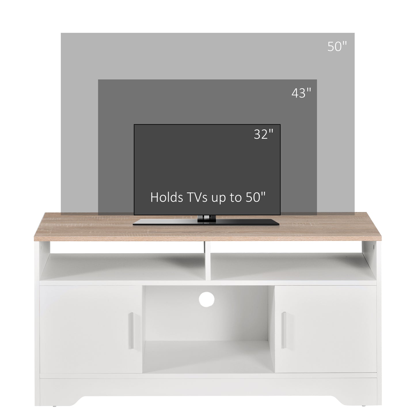 TV Stand Cabinet up to 50", Modern TV Unit with Storage, Open Shelves and Cable Management for Living Room, Bedroom, White