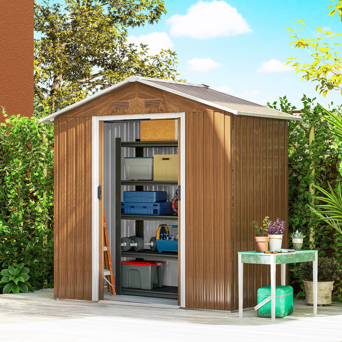 6.5 x 3.5ft Metal Garden Storage Shed - Brown Wood Effect