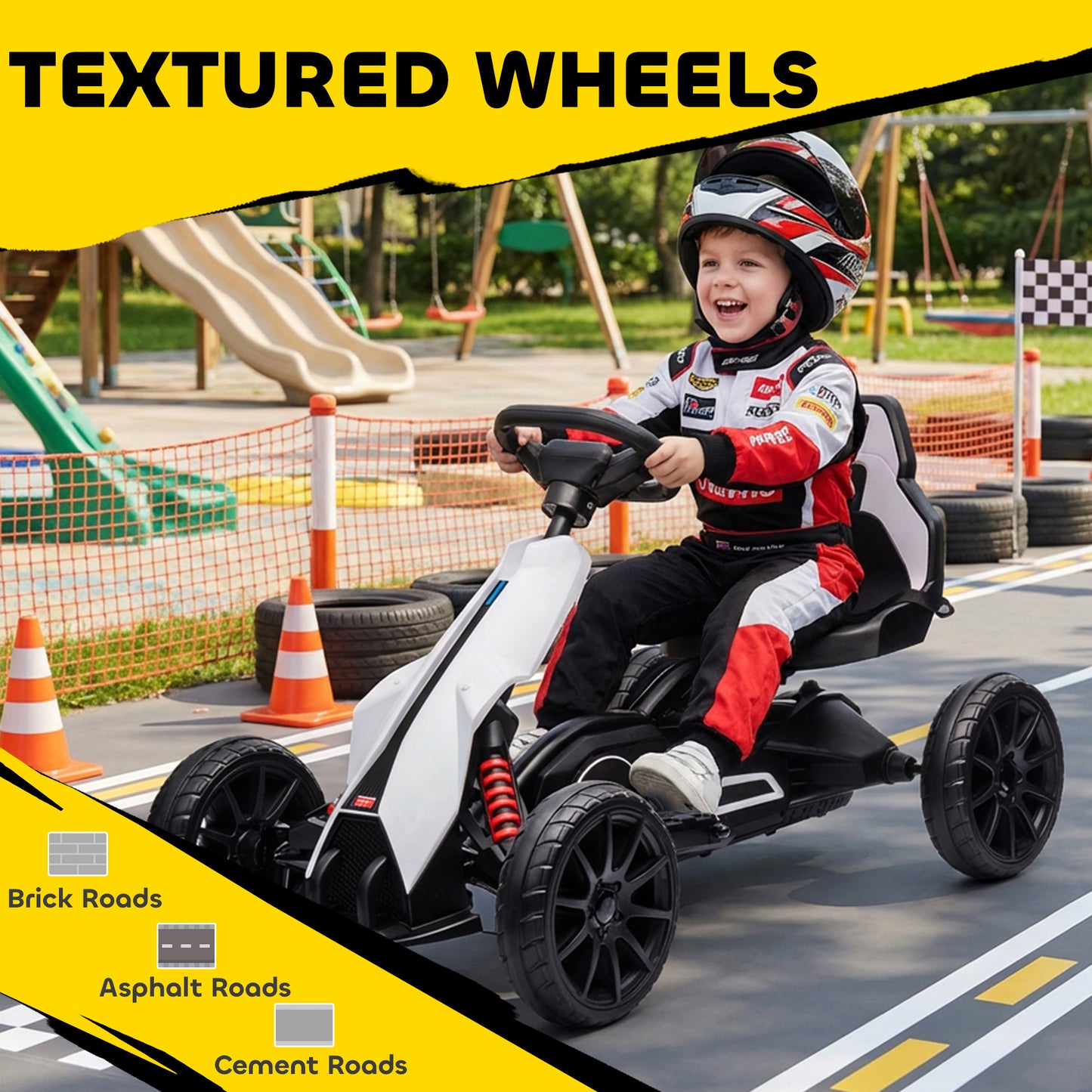 12V Electric Go-Kart for Kids, Ride-On Racing Go-Kart, with Forward and Reversing Functions, for Ages 3-8 Years - White