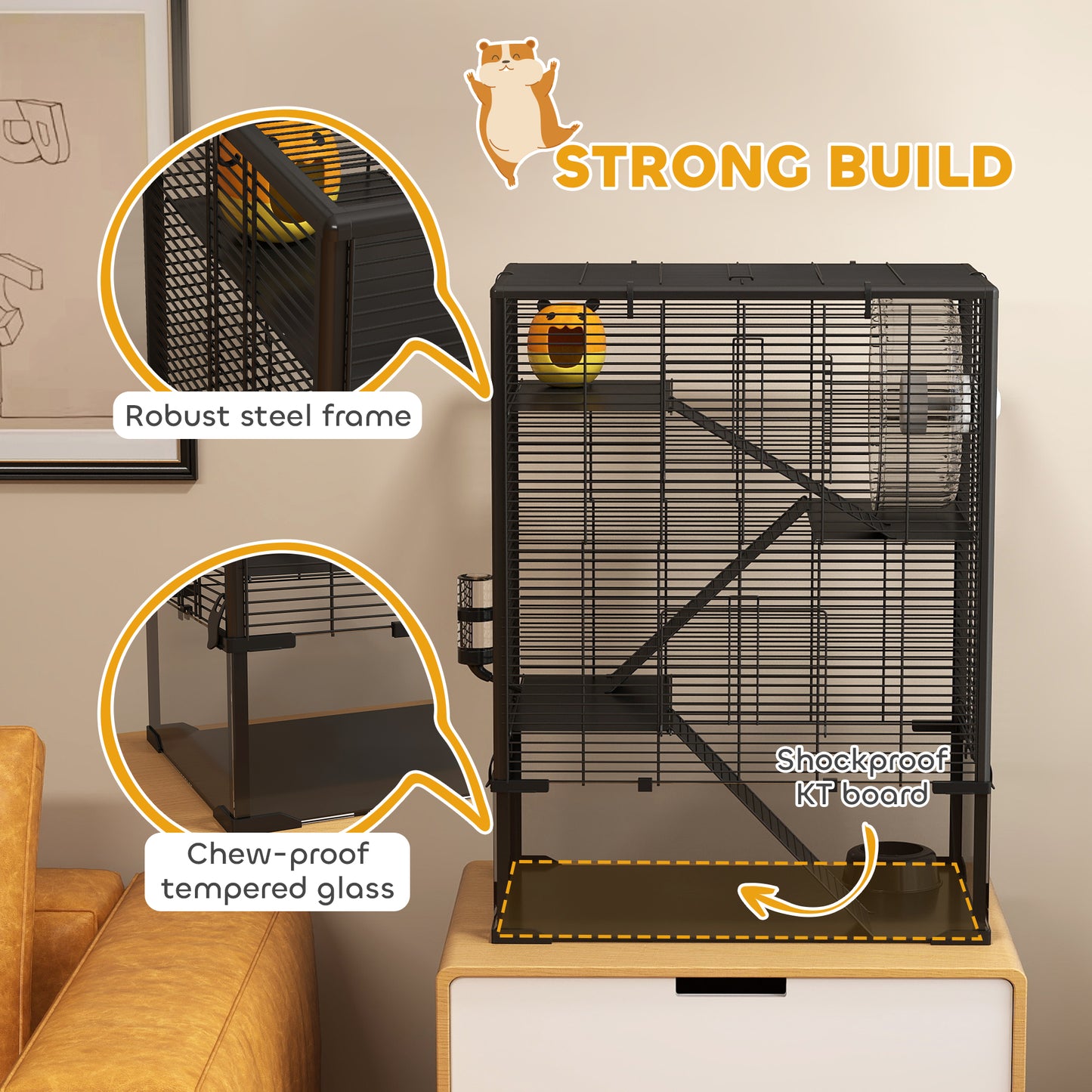 Four-Tier Hamster Cage with Deep Tempered Glass Bottom, Hut, Running Wheel, Food Dish, Water Bottle, 60 x 40 x 80cm