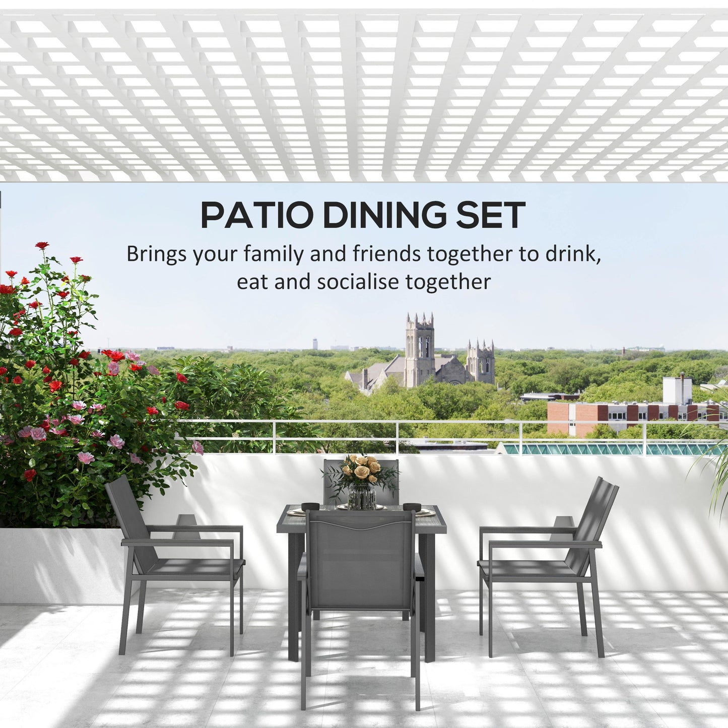 Five-Piece Metal Dining Set, with Glass-Top Table - Grey