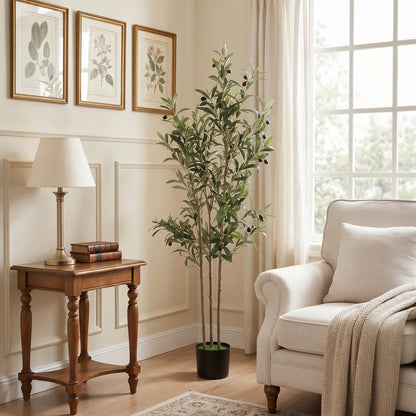 Decorative Artificial Plant, 148 cm Silk Olive Tree with 553 Leaves in Cement Pot, Fake Plant