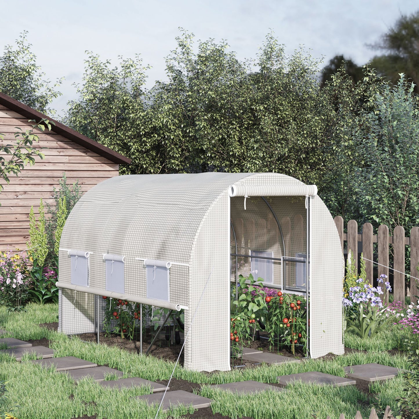 Walk-in Polytunnel Greenhouse Green House with Roll-up Sidewalls, UV-resistant PE Cover, 3 x 2 x 2m, White