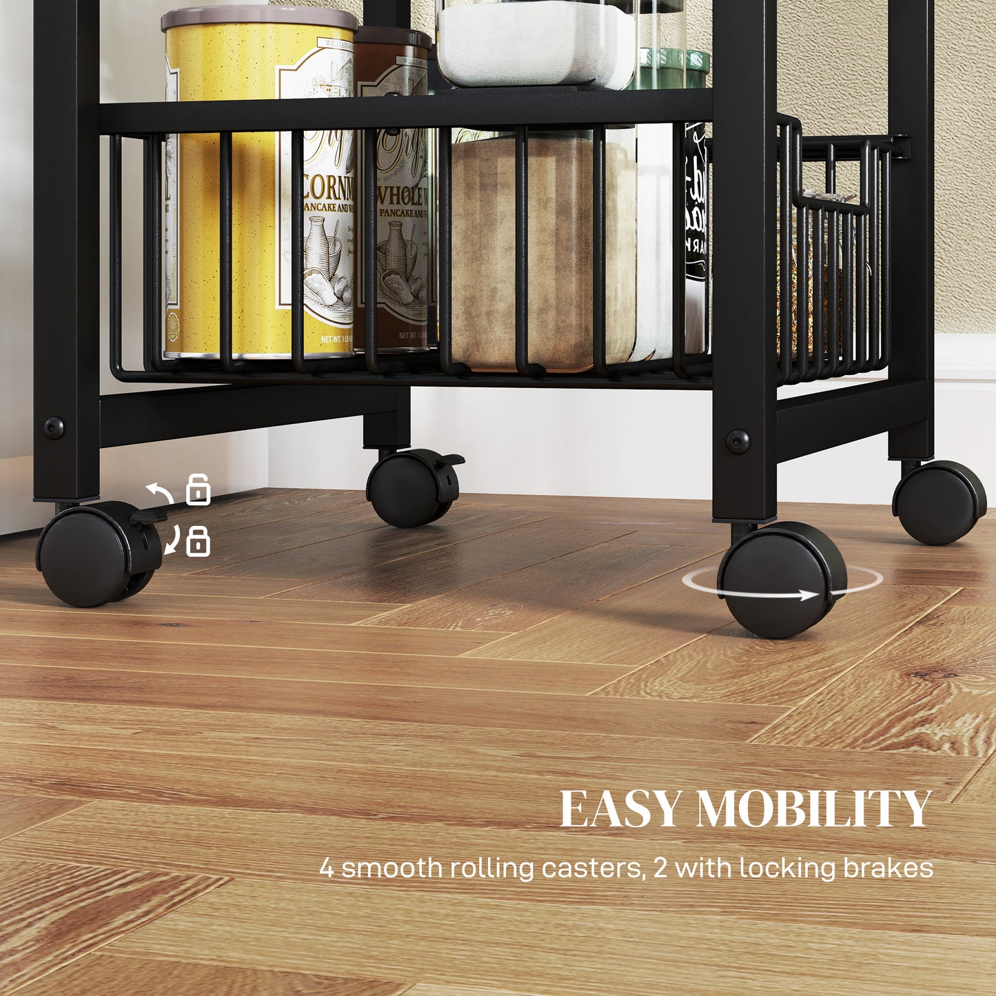 Four Basket Mobile Kitchen Island, with Brakes - Grey/Black