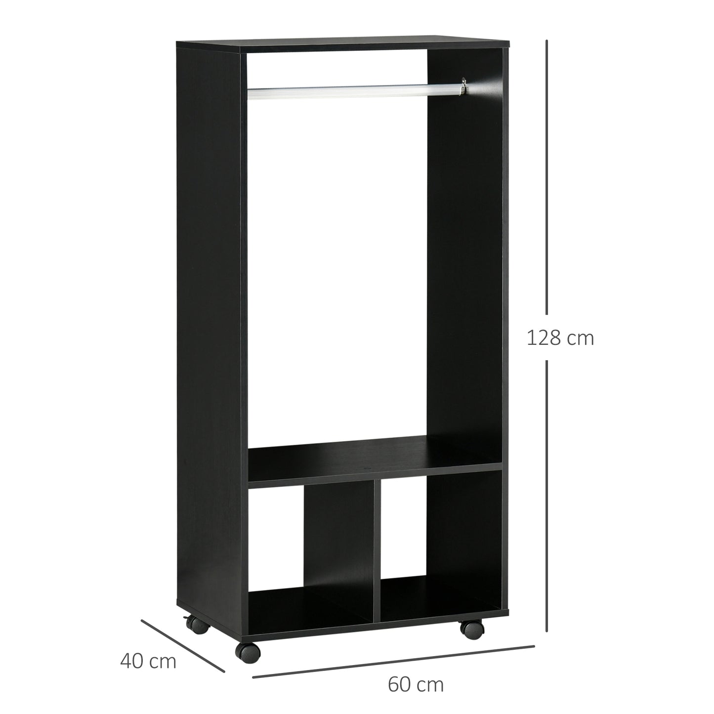 Open Wardrobe on Wheels, Bedroom Wardrobe with Clothes Hanging Rail, 2 Storage Shelves, Mobile Garment Rack for Cloakroom
