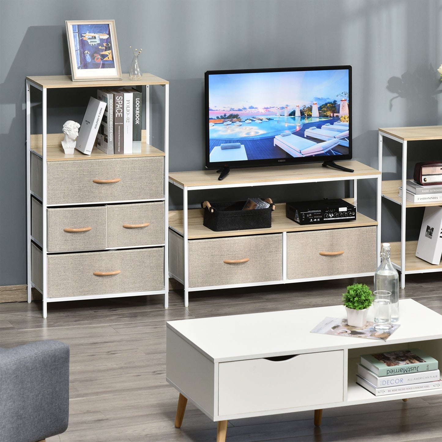 4 Drawer Storage Chest Unit Home Cabinet w/ Shelves for Living Room Bedroom Entryway Living Furniture, Light Grey