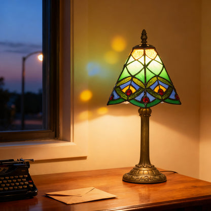 Tiffany-Style Table Lamp with Geometric Patterns, Handcrafted Antique Stained Glass Bedside Lamp for Living Room and Bedroom