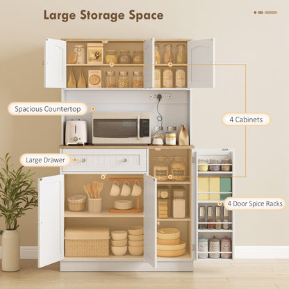 173 cm Tall Kitchen Cupboard with Charging Station, Pantry Storage Cabinet with Adjustable Shelves and 4 Door Racks