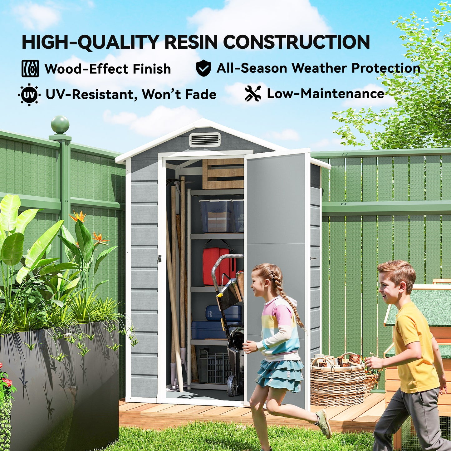 4 x 3 ft Plastic Garden Shed with Floor, Outdoor Storage Shed with Lockable Door, Window and Vent, Light Grey