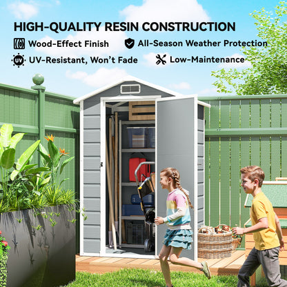 4 x 3 ft Plastic Garden Shed with Floor, Outdoor Storage Shed with Lockable Door, Window and Vent, Light Grey