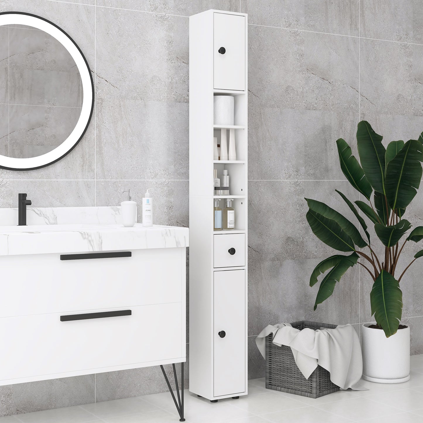 180cm Slim Bathroom Cabinet with 9-layered Independent Storage for Family-friendly Storage - White