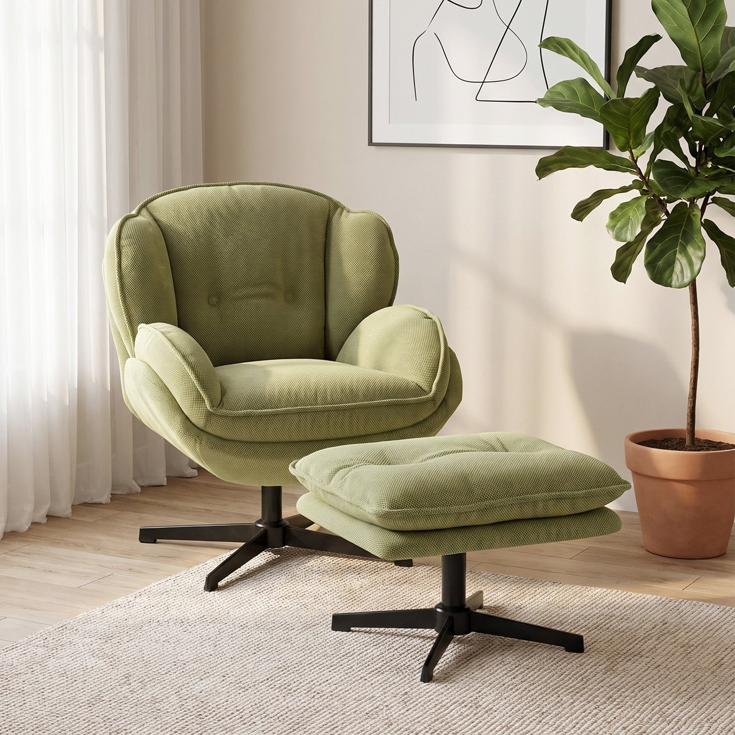 Armchair with Adjustable Footstool, 360° Swivel Chenille Cloud Accent Chair with Thick Cushion, Steel Base, Green