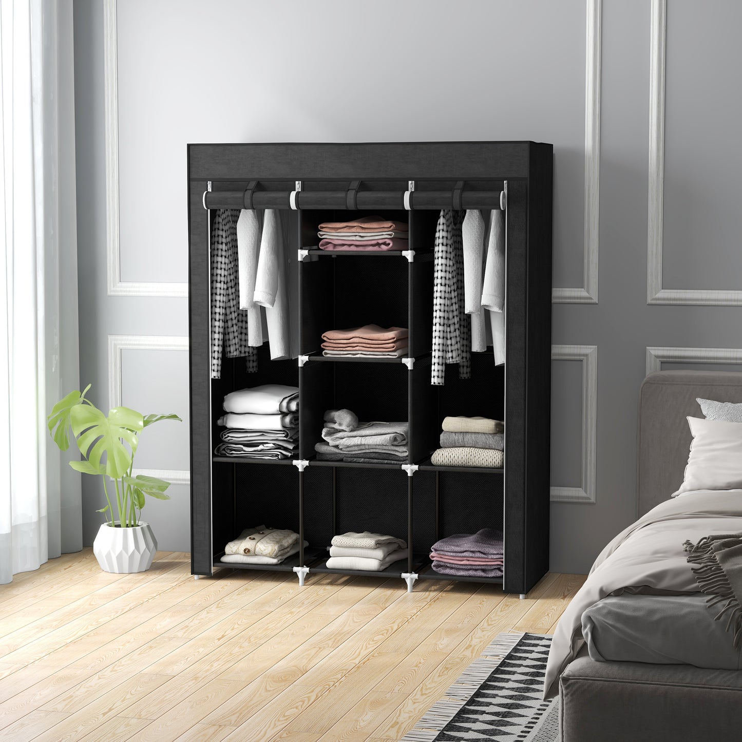 Fabric Wardrobe, with Rails and Shelves - Black