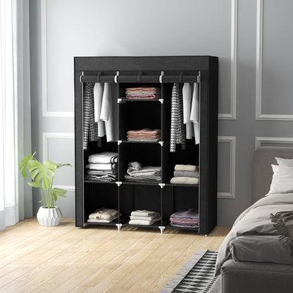 Fabric Wardrobe, with Rails and Shelves - Black