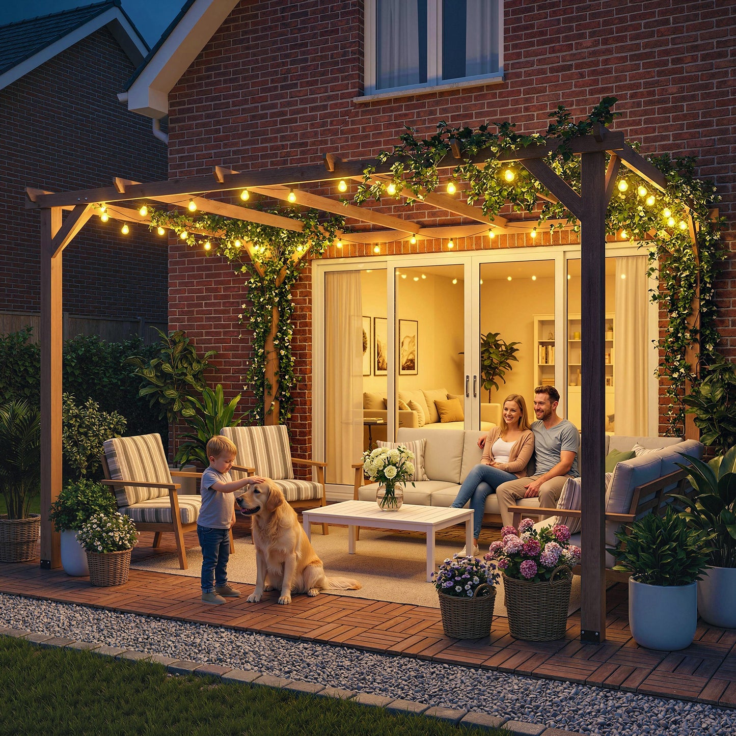 4 x 3 m Wooden Pergola Kit, Garden Pergola Gazebo Grape Trellis with Triangle Supports, 6 Beams, Maple Wood-effect