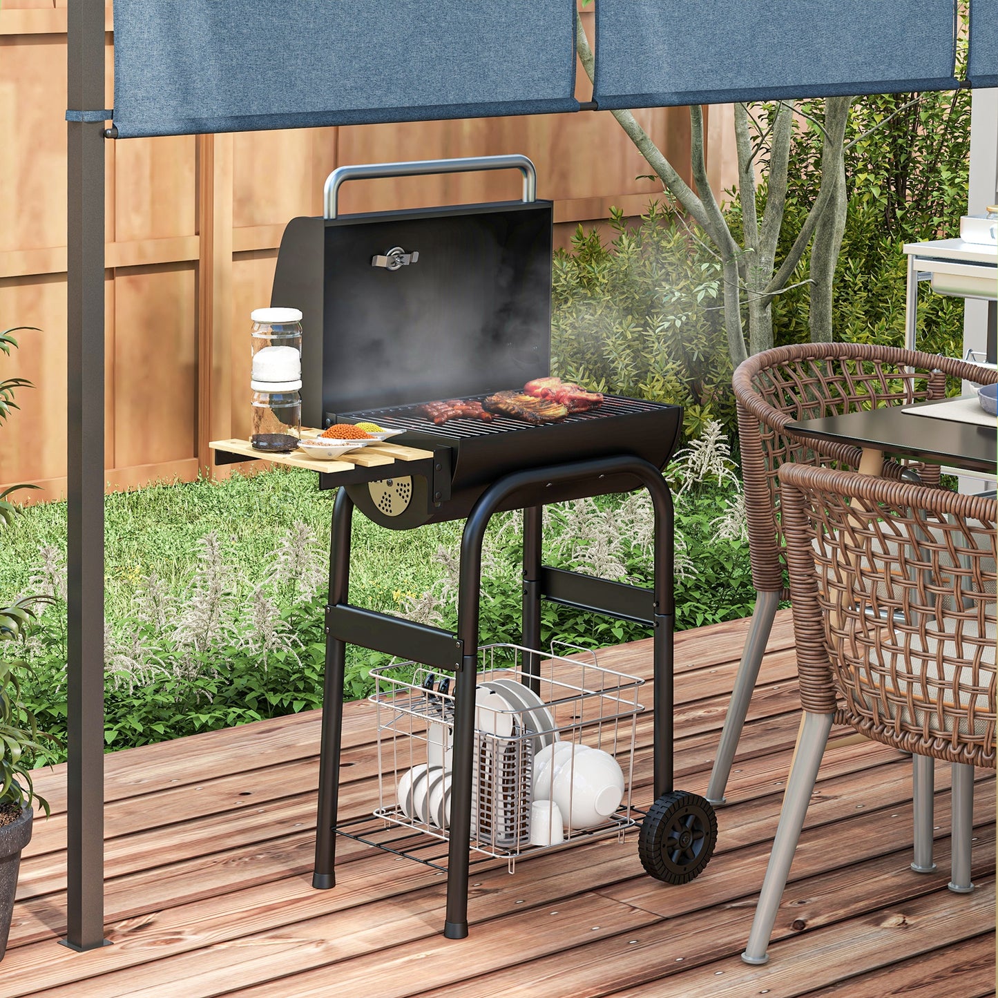 Charcoal BBQ, with Thermometer, Shelves and Wheels