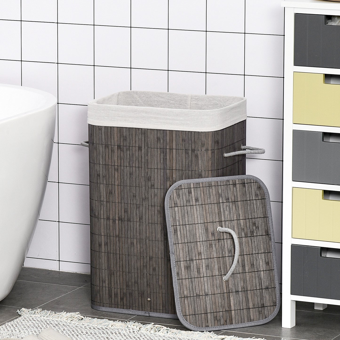 Laundry Basket with Flip Lid and String Handles, Collapsible Hamper Removable Lining Board Base Foldable Water-Resistant Dirt