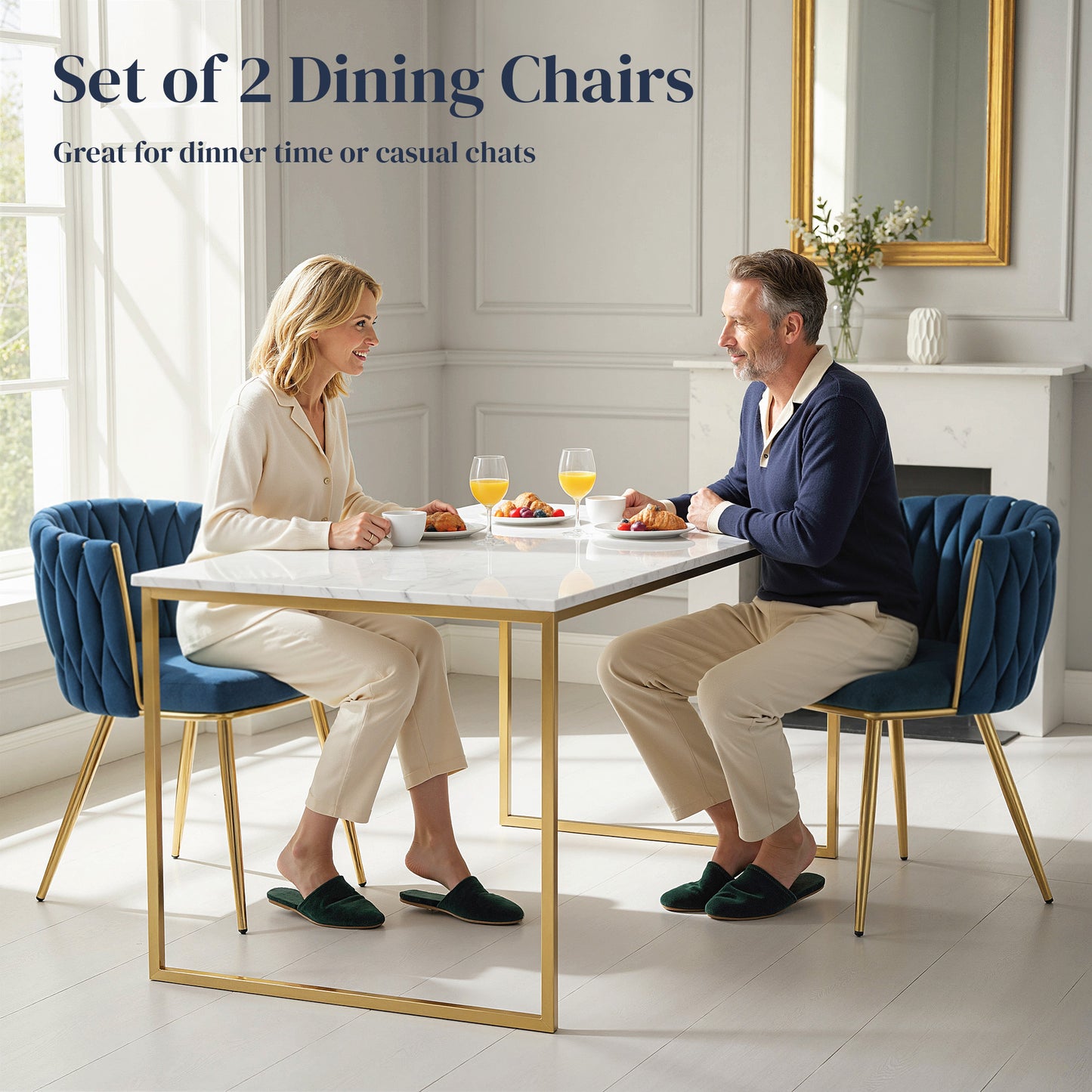 Velvet-Feel Dining Chairs Set of 2, Modern Upholstered Armchair with Knot Design and Golden Metal Legs
