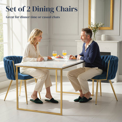 Velvet-Feel Dining Chairs Set of 2, Modern Upholstered Armchair with Knot Design and Golden Metal Legs