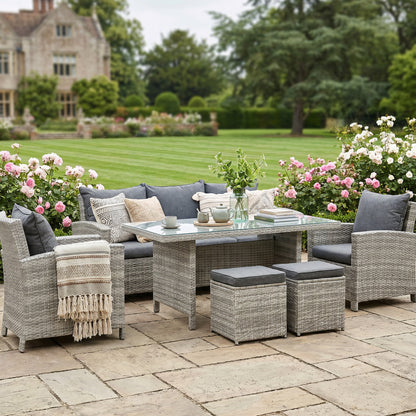 6-Piece Wicker Rattan Garden Set, Aluminium Patio Wicker Dining Sets with Glass Top Table & Soft Cushion, Light Grey