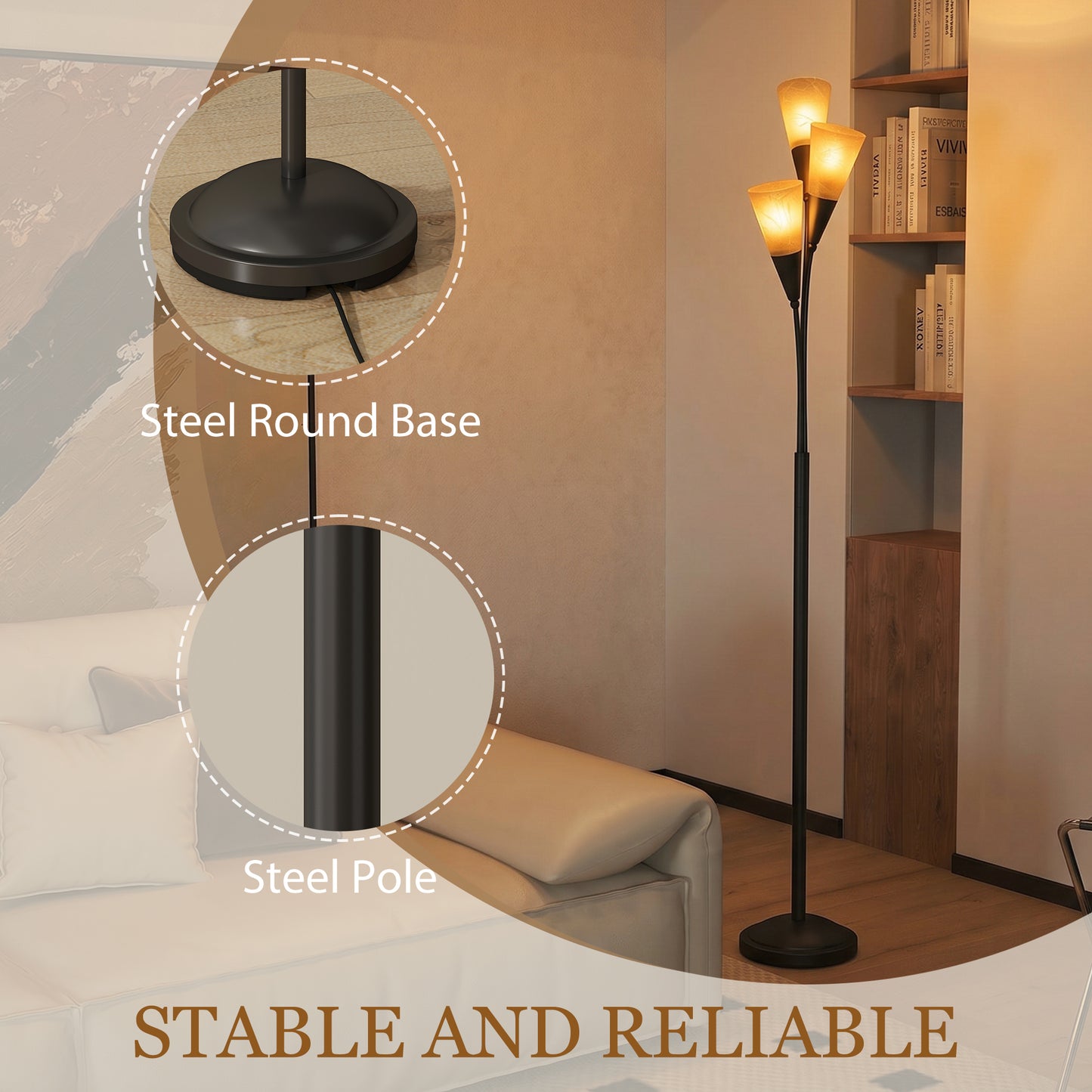 Modern Standing Lamp, 3-Light Upright Floor Lamps for Living Room, Black