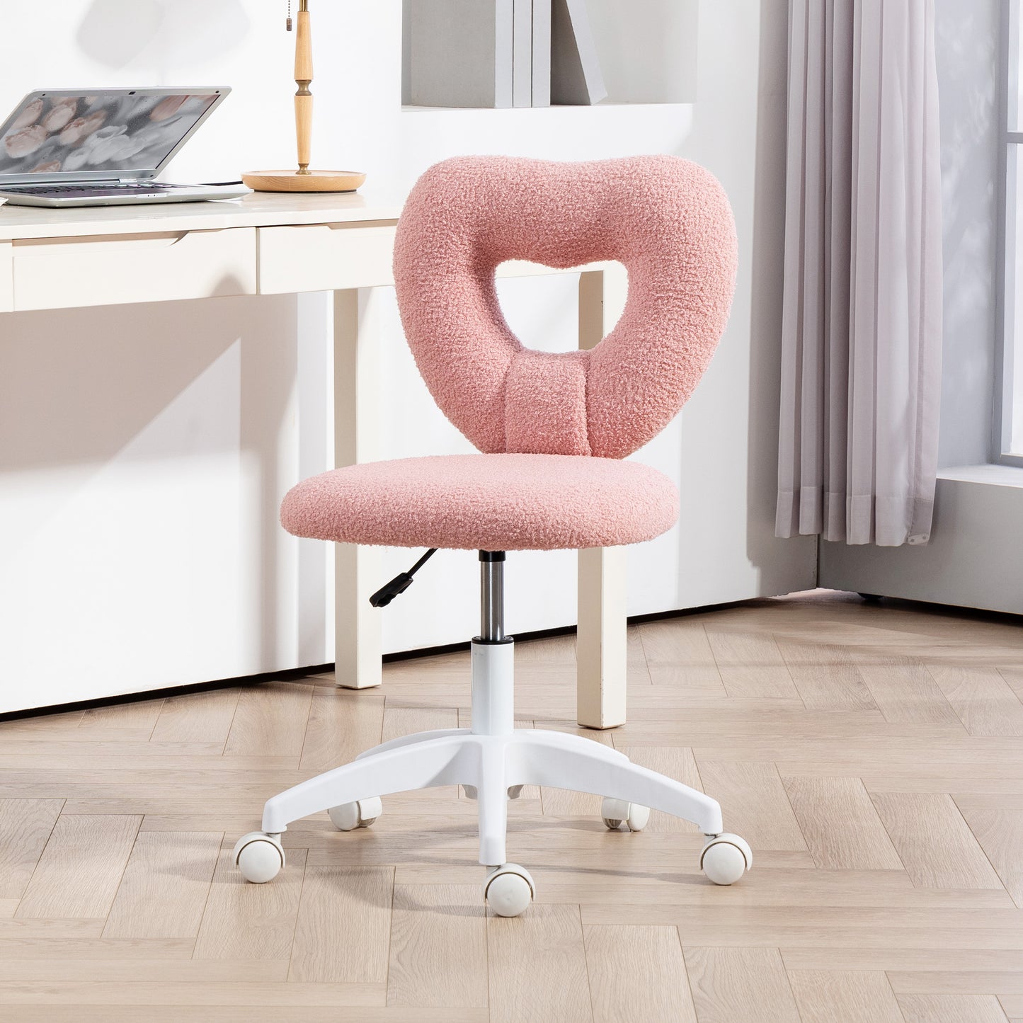 Armless Heart Computer Desk Chair, Teddy Fleece Swivel Office Chair, Makeup Vanity Chair with Height Adjustable, Wheels
