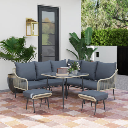 Six-Piece Rattan Strong Garden Sofa Set with Removable and Washable Covers - Grey