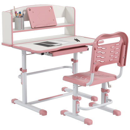ZONEKIZ Height Adjustable Kids Study Table and Chair Set, with Drawer, Storage Shelf, 80 x 54.5 x 104 cm, Pink